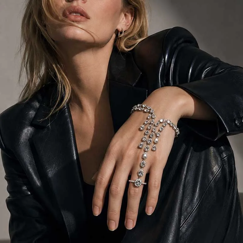 Gothic Finger Linked Bracelet Dangling Tassel Hand Chain Sparkly Ring Combination Fluid Silhouette Statement Jewelry
