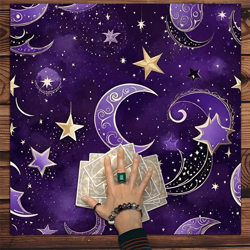 Mantel de Tarot con forma de luna y estrella misteriosa, tapete astrológico y adivinación morado y dorado, adecuado para lectores de Tarot y altar