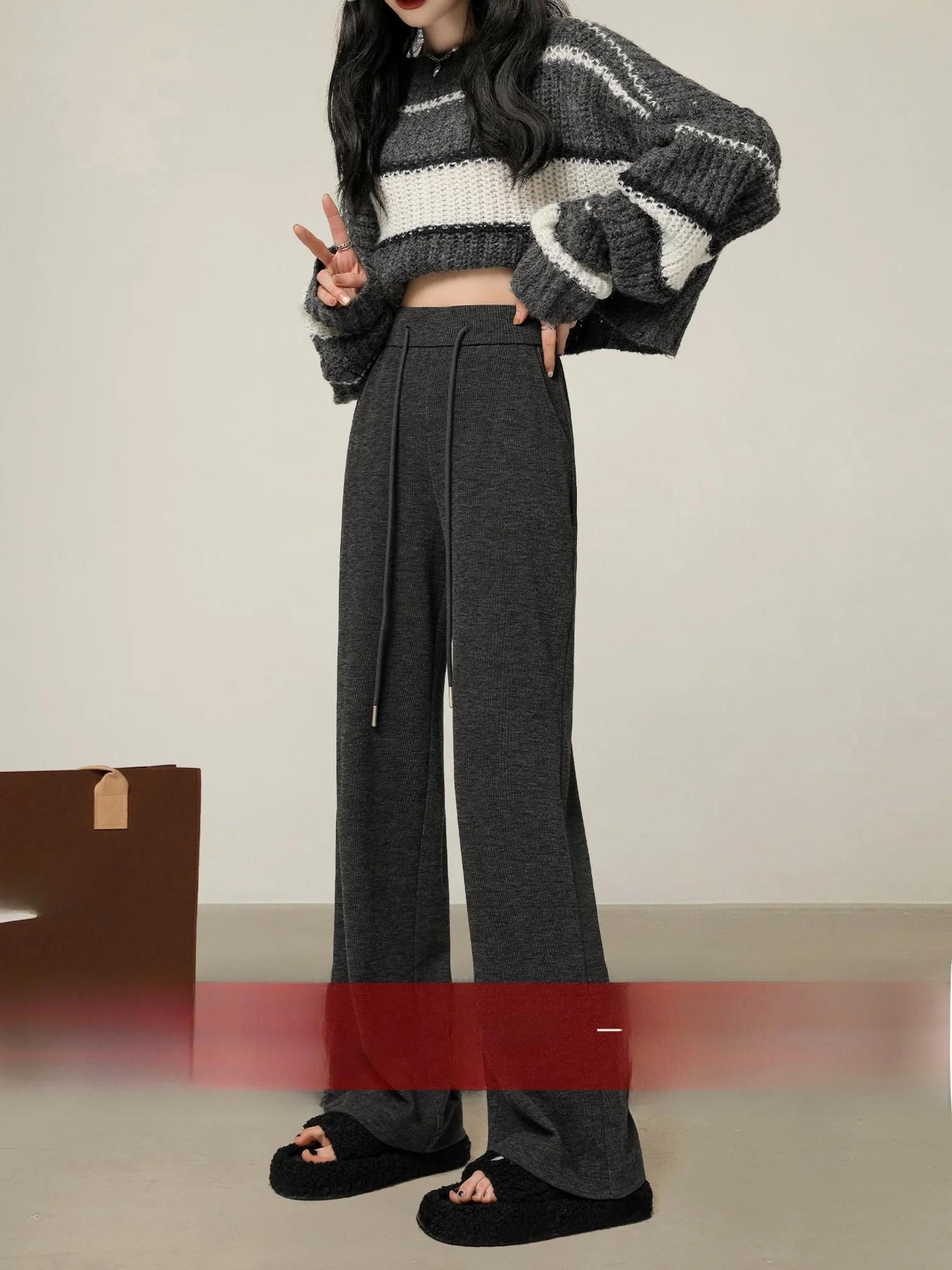 

Gray Glutinous Rice Pants Women's Autumn Winter Soft Drapey Casual Knitted Trousers High Waist Straight Leg Fleece Lined