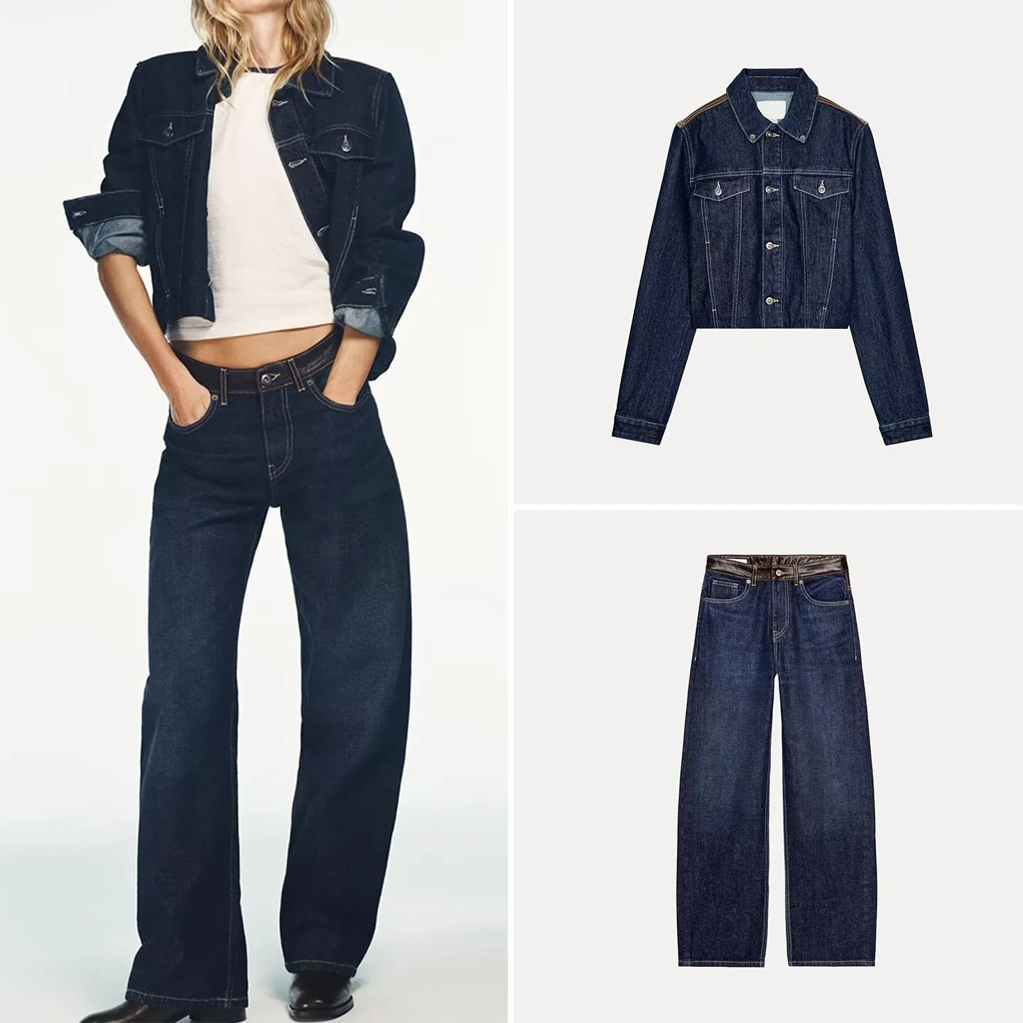 

Winter 2025 Women's Fashion Outerwear Jeans Straight Leg High Waist Long Pants Short Coat High Quality Chinese Brand Zadata