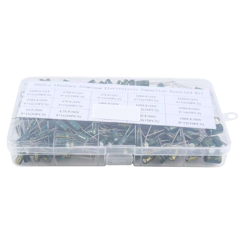 

225Pcs Aluminum Electrolytic Capacitor High Frequency Inline Kit 15 Kinds Of Specifications Resistance Value