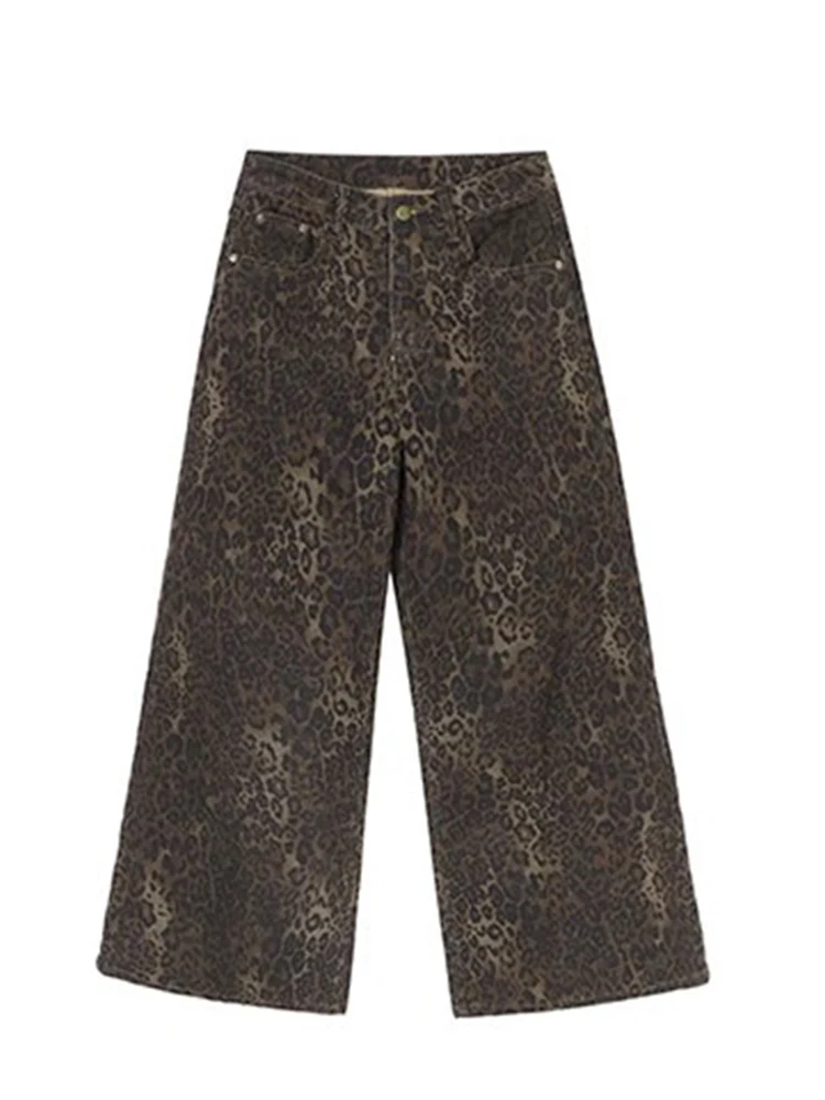 

Y2K Брюки с высокой талией Женские джинсовые брюки с леопардовым принтом в стиле ретро Широкие свободные расклешенные прямые осенние брюки