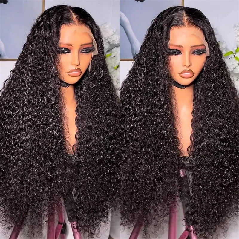 Long 26Inch Natural Black Soft Glueless Kinky Curly Lace Front Wig For Women With Baby Hair Synthetic Preplucked Heat Resistant