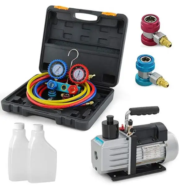 

China Manufacturer Refrigeration Tools Kit 5cfm Single Stage Vacuum Pump and 2ways Aluminum Manifold Gauge Kit for HVAC System