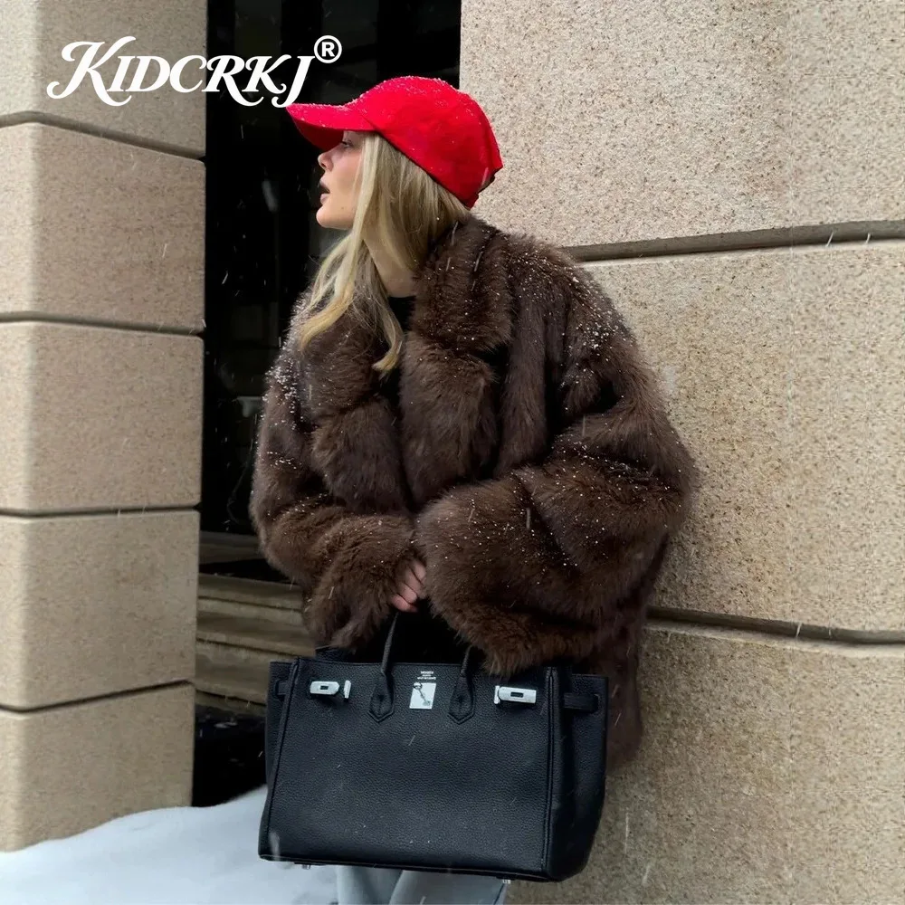 KIDCRKJ Winter Ins Hot Fashion Women's Fluffy Faux Fox Fur Jacket Girls Oversized Gradient Fur Coat Women Thick Warm Outerwear