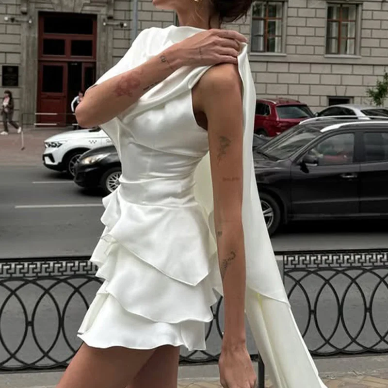 Spring Elegant Solid Satin Party Dress Women Sexy Ruffle Slim Fit Bodycon Hip Dress Summer Cloak Sleeveless Hem Mini Short Dress