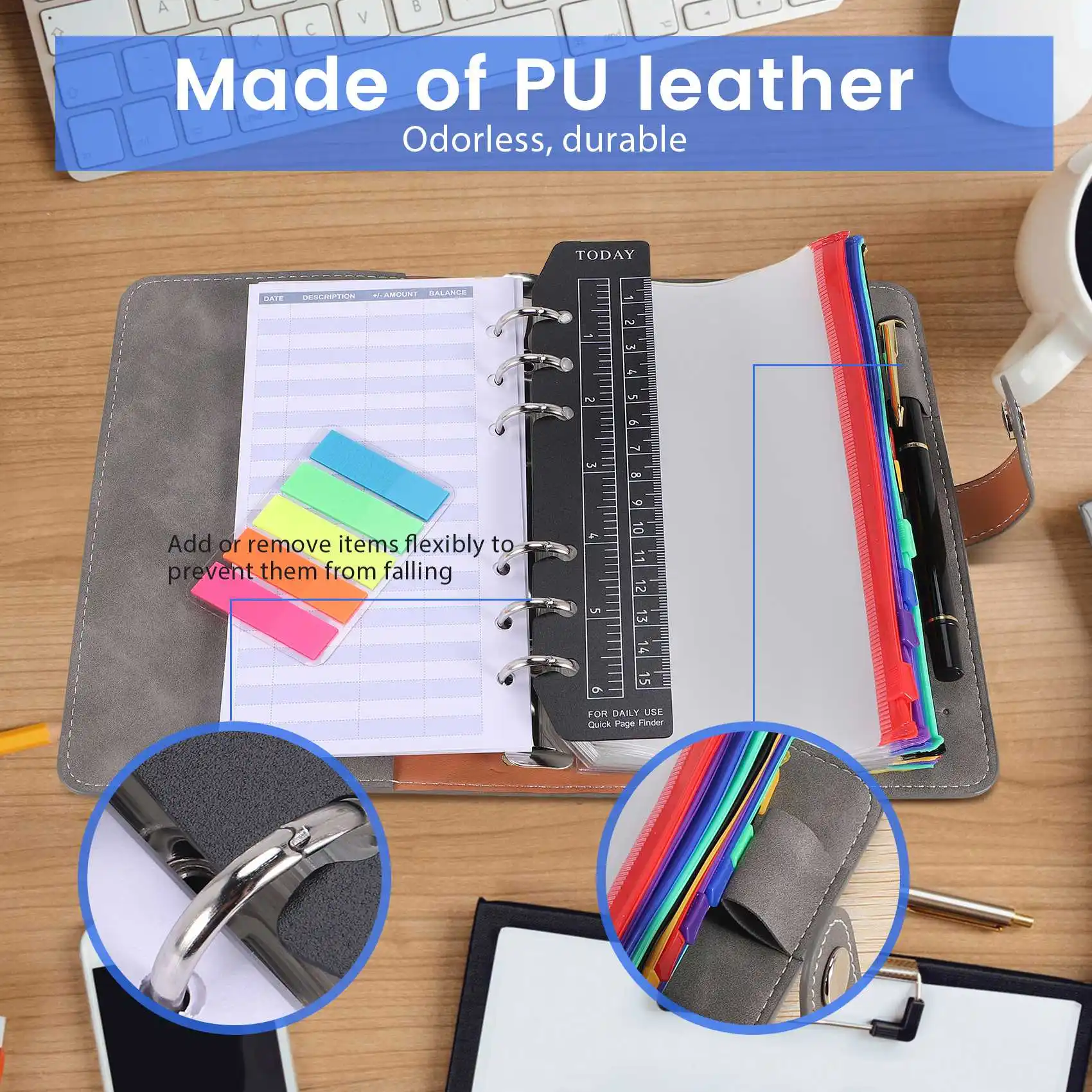 A6 PU Budget Binder with Zipper Envelopes, Widely Used in Home, School and Travel Grey