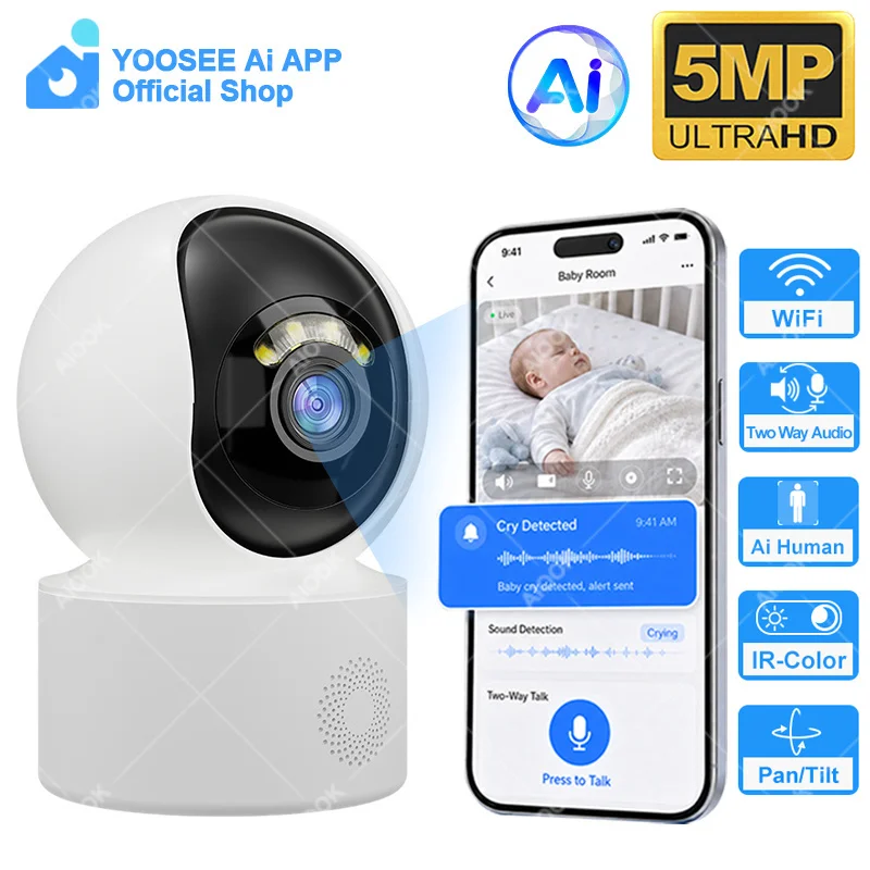 

YOOSEE Ai APP Baby Camera Indoor Home HD 5MP 5G WIFI Crying Detection Mobile Tracking Smart Camera Two Way Intercom Night Vision