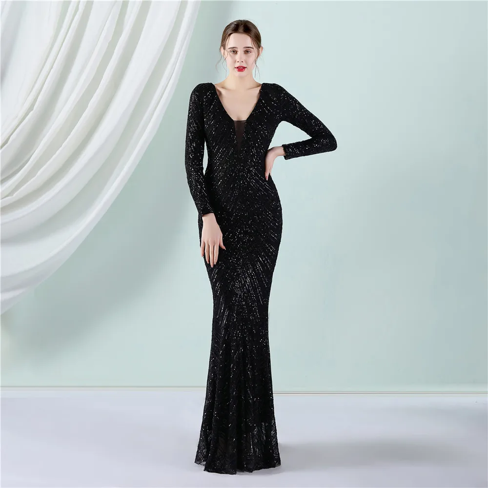 DEERVEADO Mermaid V Neck Sequins Evening Dresses for Woman Elegant Long Sleeves Special Occasion Dress Formal Party Maxi Dress