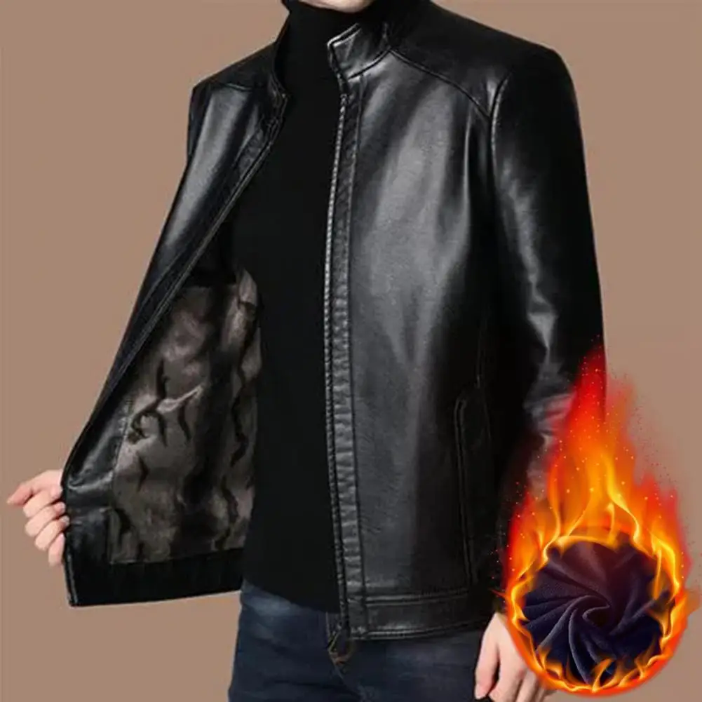 

Men Zip-up Jacket Stand Collar Lapel Long Sleeve Zipper Placket Faux Leather Jacket Plush Lining Business Coat Gentleman Jacket