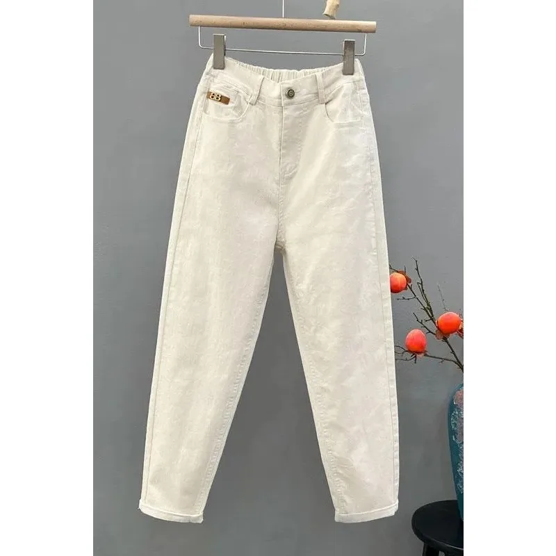 Women's Corduroy Boyfriend Pants Elastic Waist Rolled Cuff Casual Long Trousers
