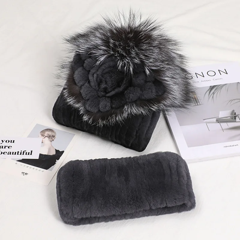 Real Rex Rabbit Fur Hat Women Winter Thickened Ear Protection Caps Knitted Scarf Hat Set Natural Fur Hat With Fox Fur Balls