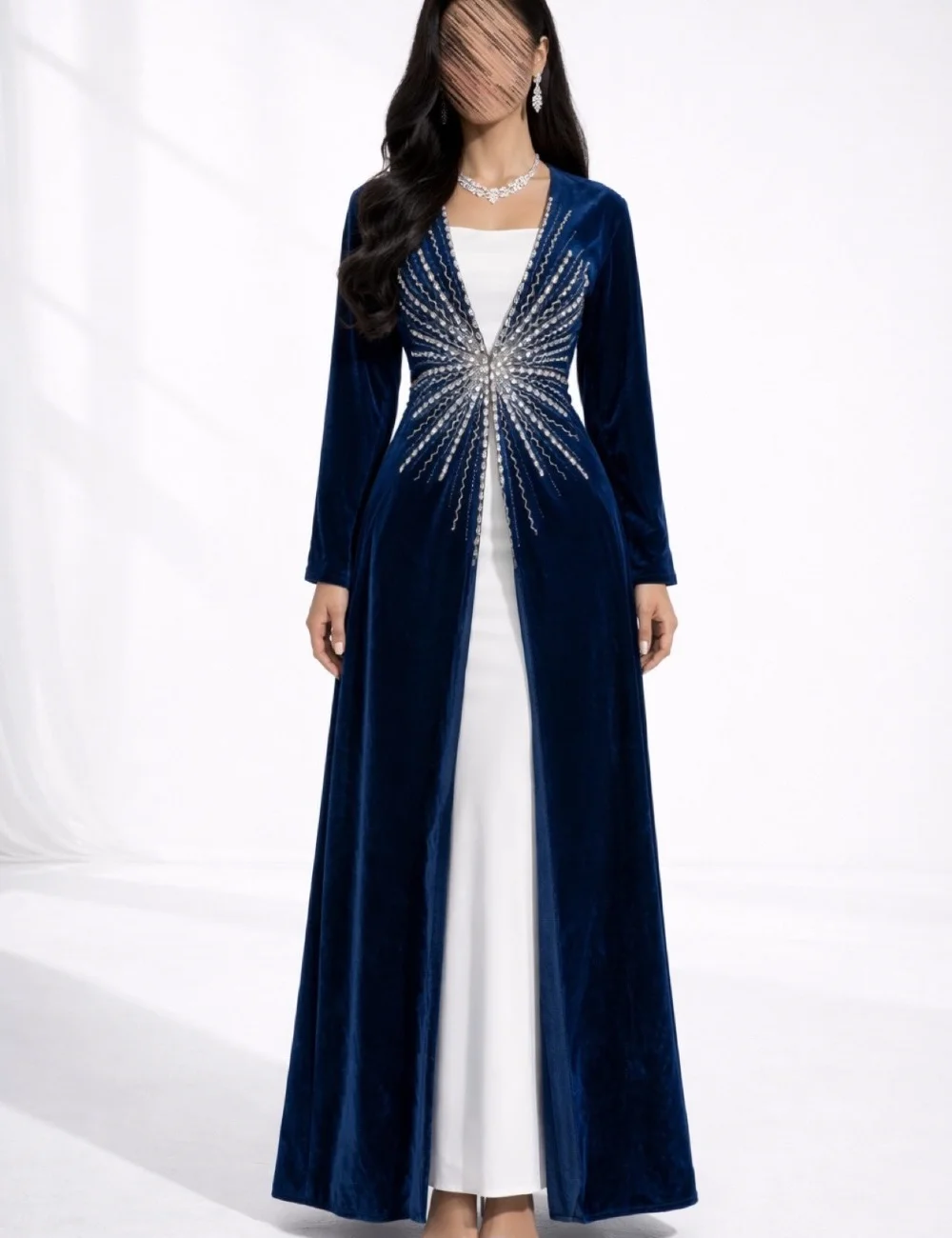 

Customized Modern Style Luxury Velour Pleat Rhinestone A-line V-neck Long Dresses Evening Dresses Sizes Available High Quality