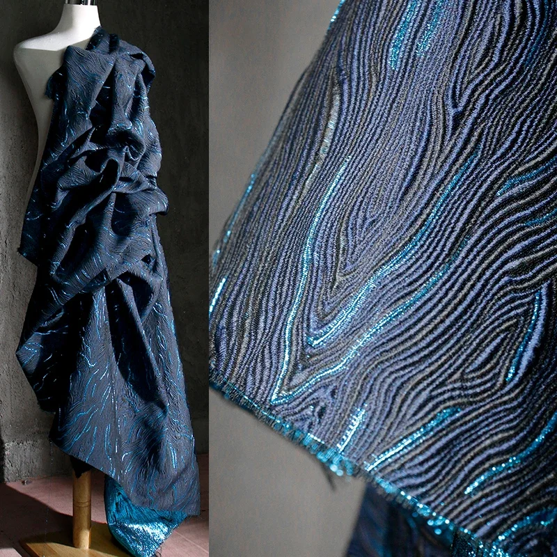 

Deep Blue Striped Retro Jacquard Three-dimensional Texture Fabric Creative Top Pants Clothing Designer Fabric