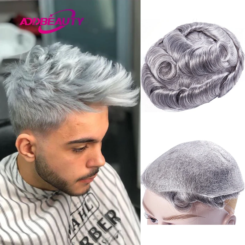 Wig Rambut Manusia Pria Kulit Tipis PU 0.02-0.03Mm Rambut Palsu Manusia India Sistem Rambut untuk Pria Warna Alami dengan Rambut Abu-abu