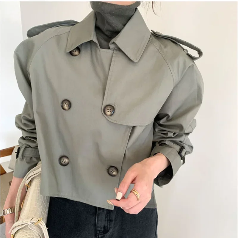

Autumn Retro Lapel Design Loose Windbreaker Women Double Breasted Oversized Long Sleeve Crop Tops Fashion Korean Coats Women