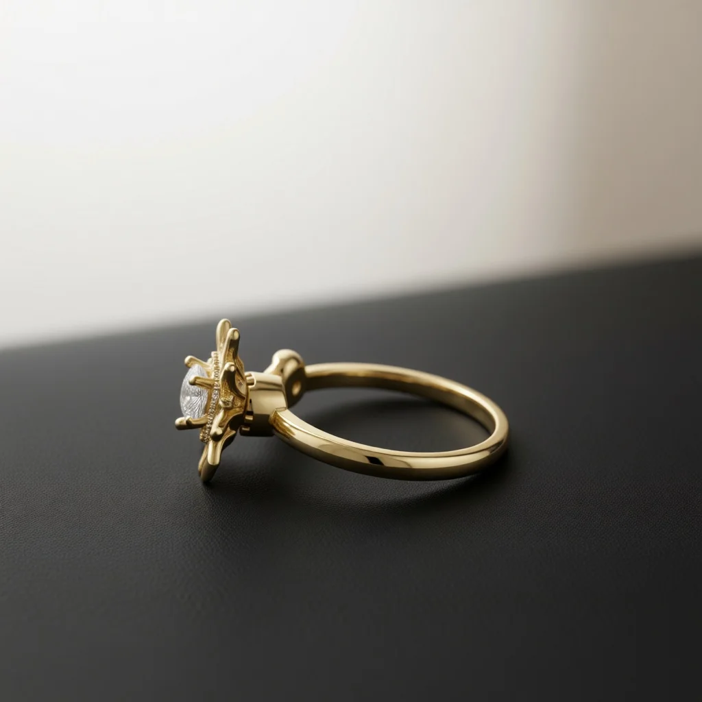 Gold‑Tone Sunflower Halo Zircon Ring for Women, Central Round Stone With Pave Petal Bold Trendy Statement Finger Jewelry