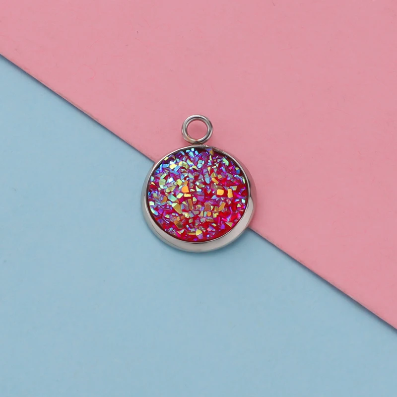 Fnixtar Stainless Steel Glitter Faux Druzy Resin Charm Pendant Colorful Round Charm For Girls DIY Jewelry 12mm 30piece/lot