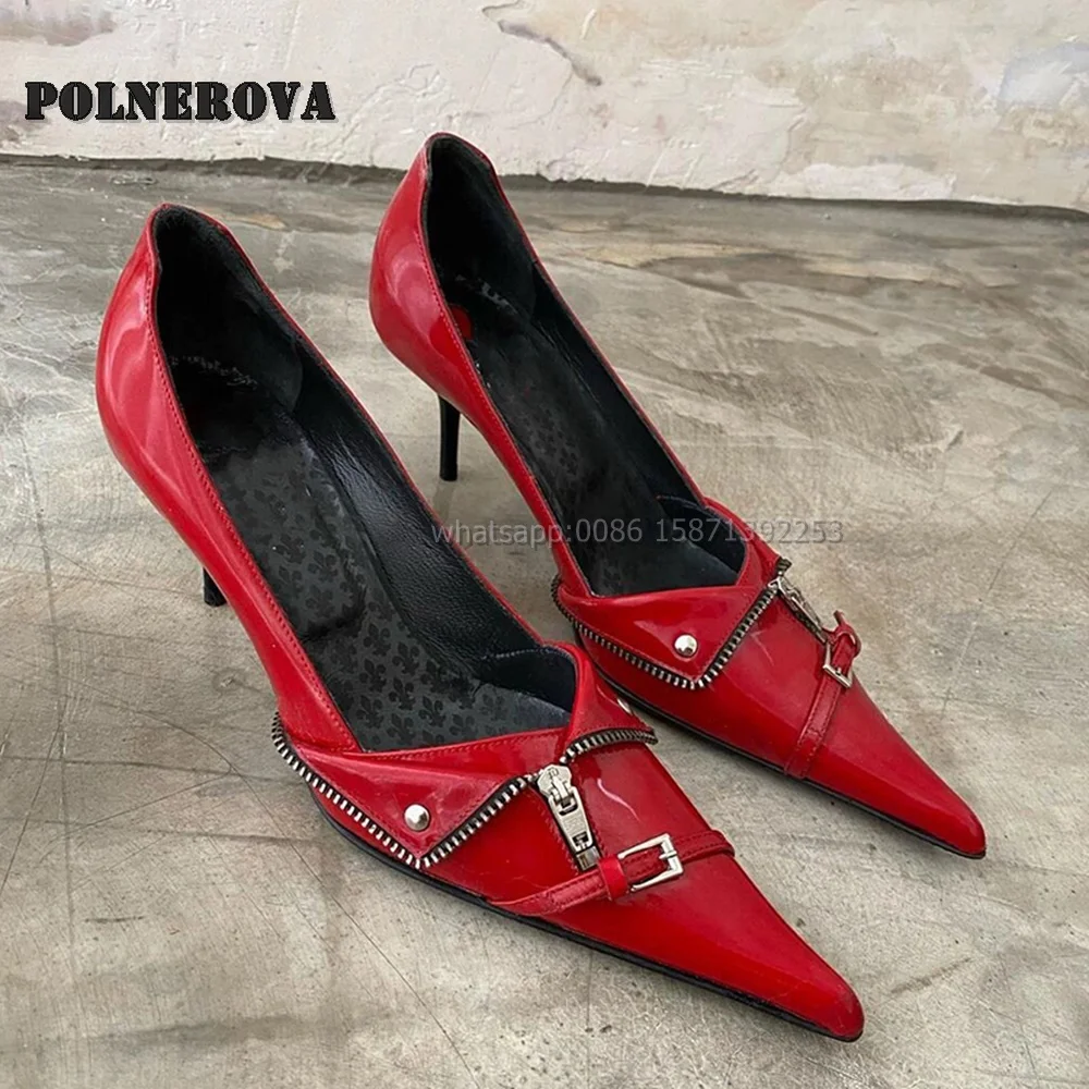 

Belt Buckle Zipper Decoration Pumps Pointed Toe Thin Heels Shallow Red Rivet Sexy Women Sandals Punk Spicy Girl Shoes 2024 Trend