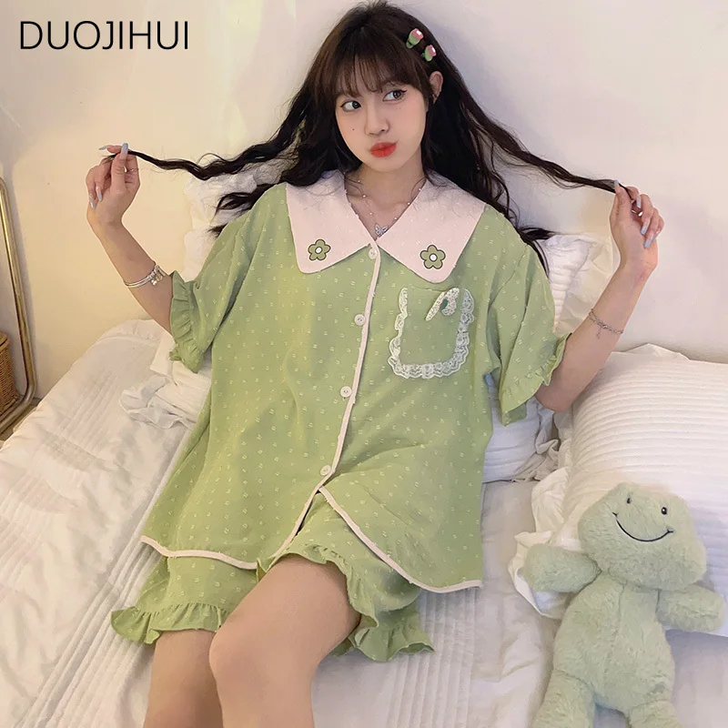 DUOJIHUI Summer Two Piece Chicly Lace Home Pajamas for Women Sweet Basic Button Cardigan Simple Pant Fashion Female Pajamas Sets