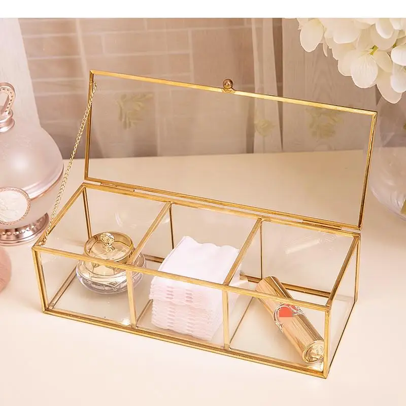 Metal Glass Jewelry Box Rectangular Storage Boxes 3 Grids Organizer Makeup Cotton Swab Cosmetic