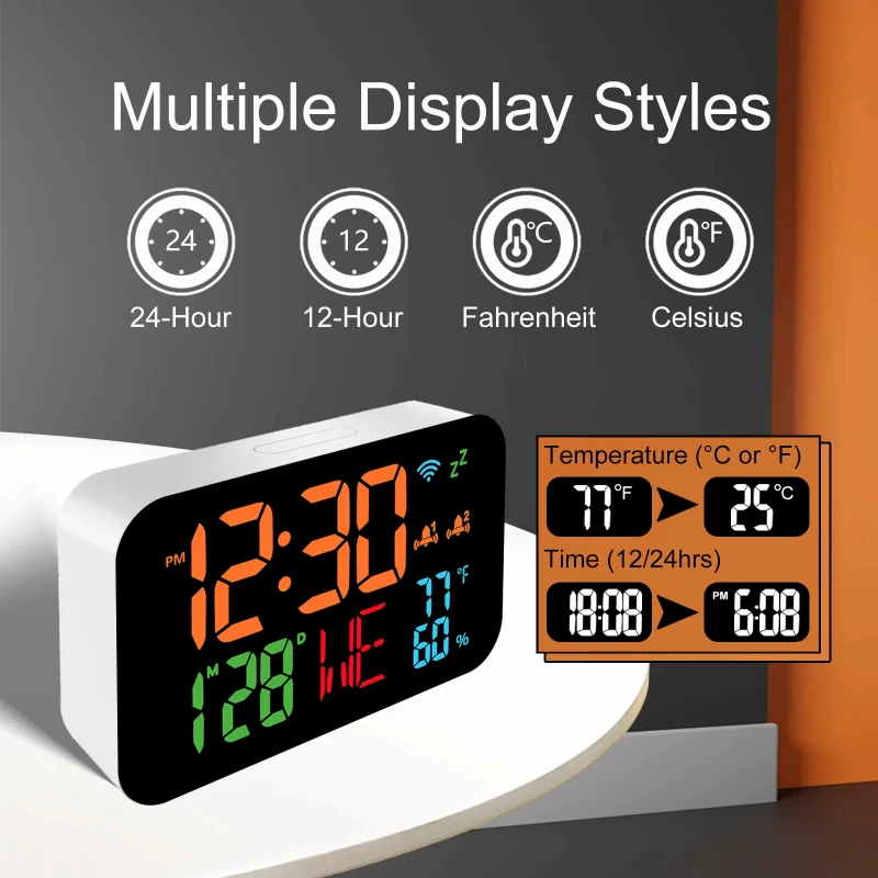 1PC Multifunction LED Desk Alarm Clock Display Temperature Temperature Humidity Clock Automatic Calibration WIFI Digital Clock