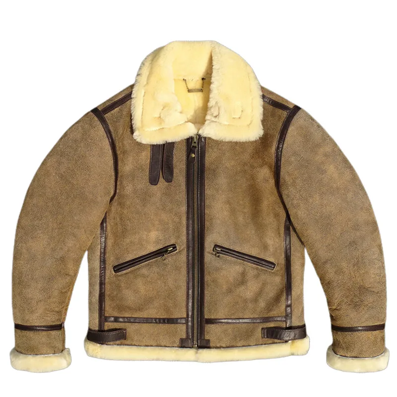 Light Brown Winter Shearling Jacket Men Vintage Style Plus Size 5XL Genuine Natural Sheepskin Thick Warm B3 Bomber Coat