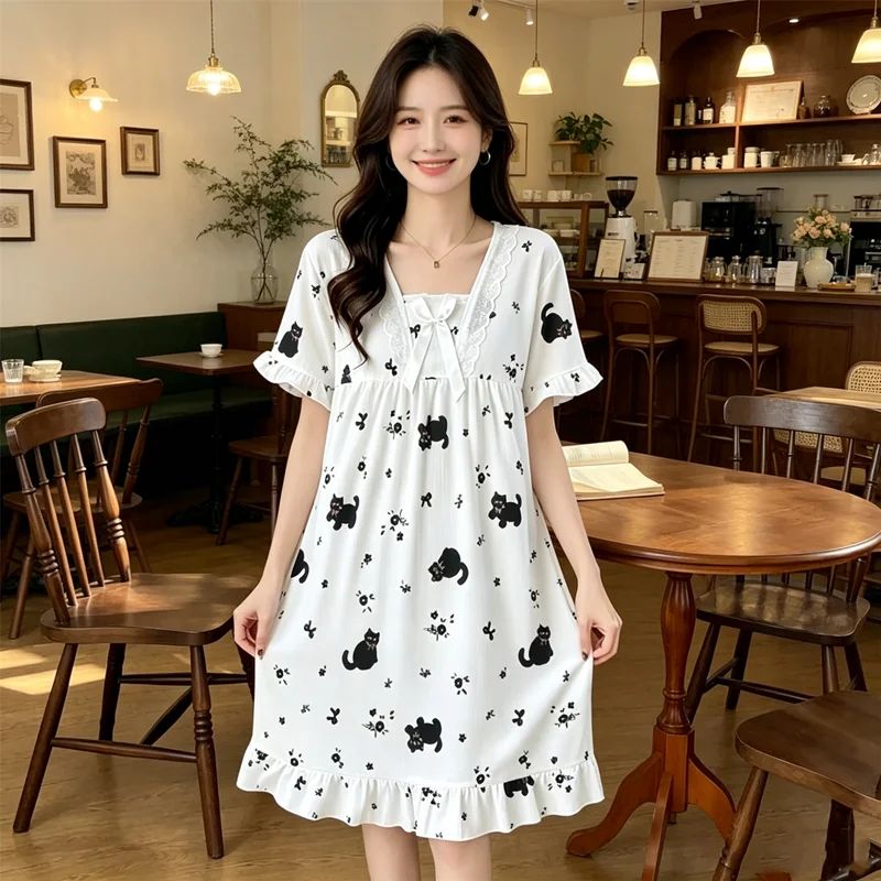 Nightgown Women Nightdress Short Sleeve Cartoon Nightgowns Sweet Casual Sleepwear Pijamas Sleepdress Milk Silk Nightgown Women