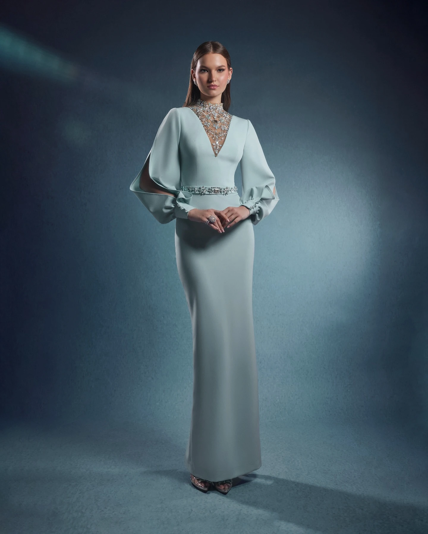 

Arya Gorgeous Sky Blue Evening Dress Chiffon Ankle Skirt V-Neck Lantern Sleeve Bead Fishtail Skirt Party Dress Customized