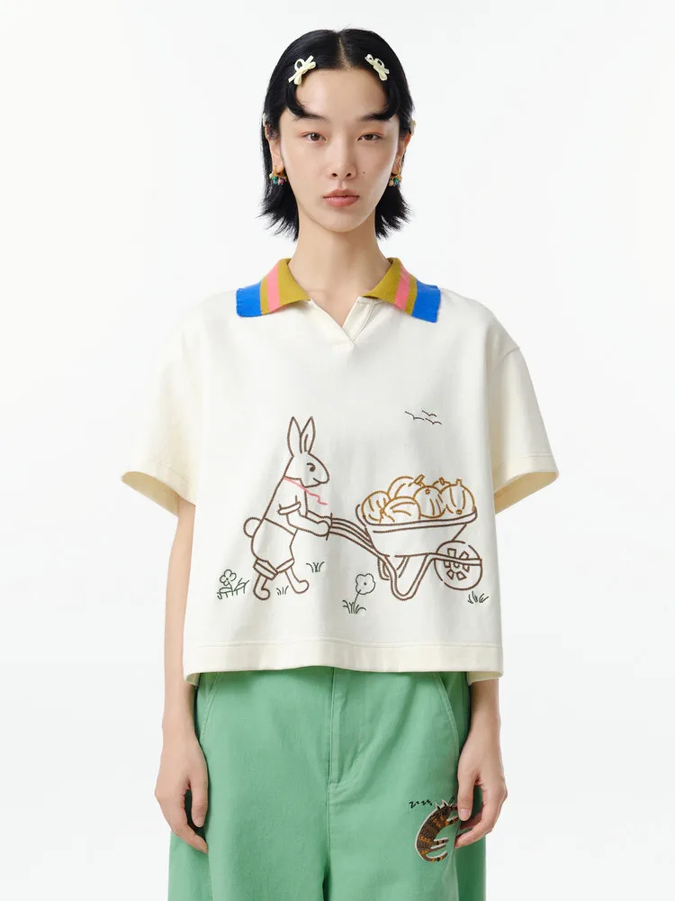 

Футболка-поло MOVEUP с коротким рукавом, весна 2026, повседневный топ с забавной мультяшной вышивкой для женщин, модель 325110553