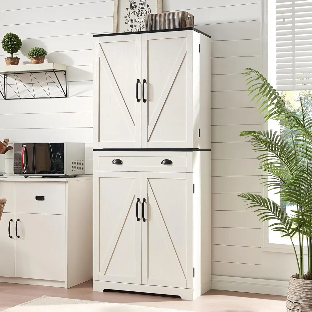 

72" High Kitchen Sideboard with Barn Doors, Organizers, Drawers and Adjustable Shelves, Rustic Style Wood Cabinetry