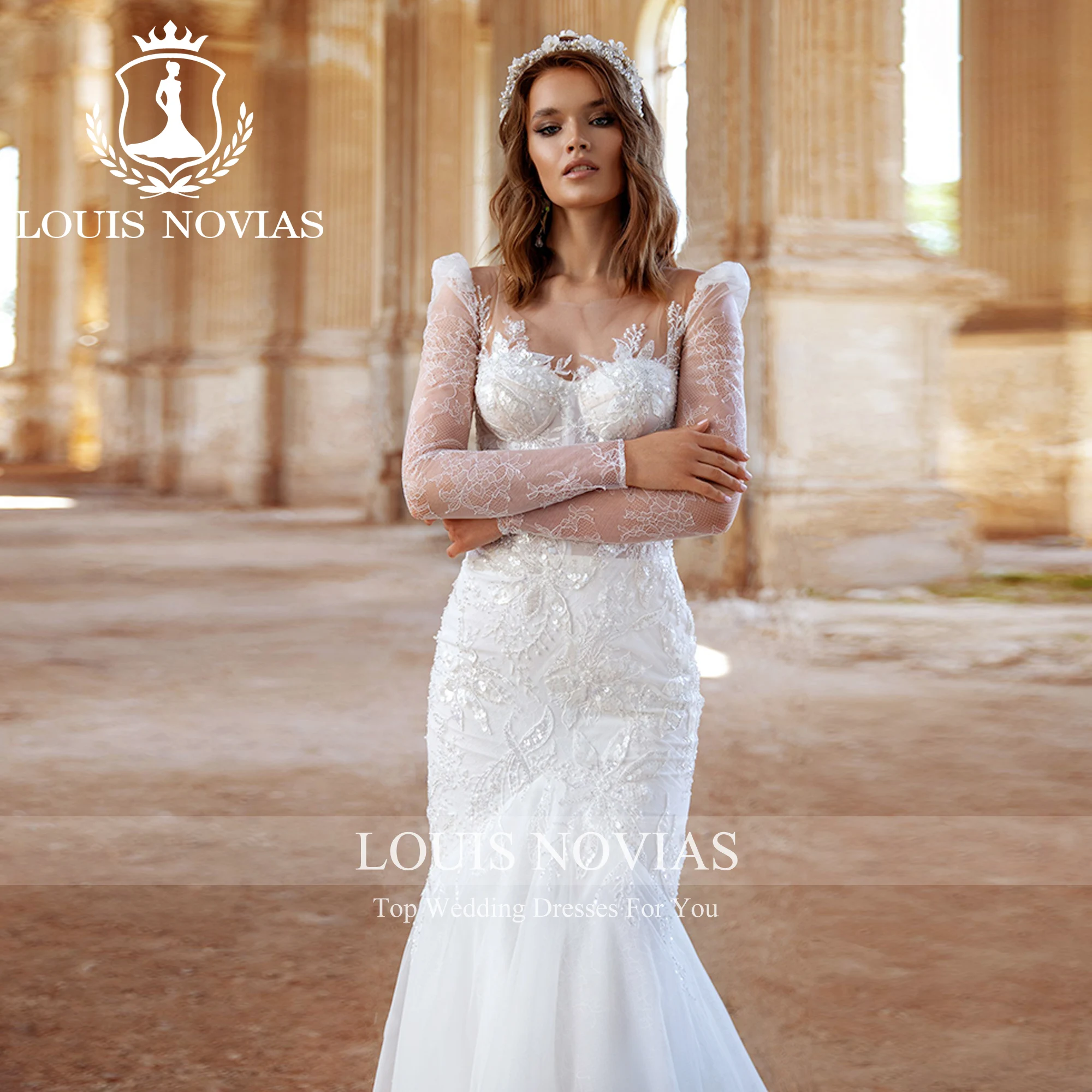 

LOUIS NOVIAS Long Sleeve Mermaid Wedding Dress Sexy Dreamy Exquisite Embroidery Court Train Fairy Wedding Gown Vestidos De Novia
