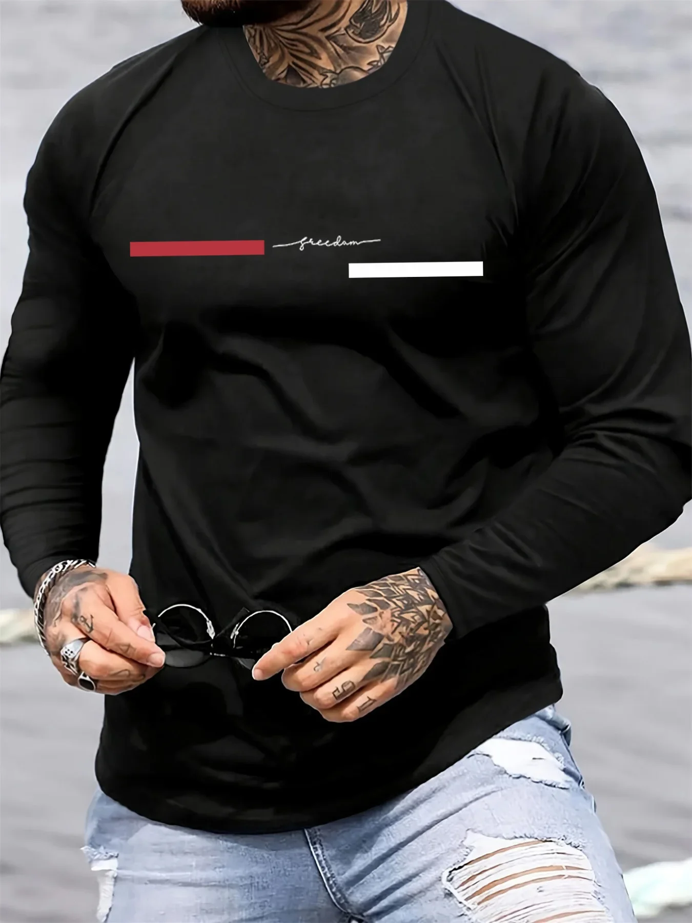 Red black Line men's long sleeved round neck loose casual freedom letter pattern printed spring and autumn versatile T-shirt - view 2