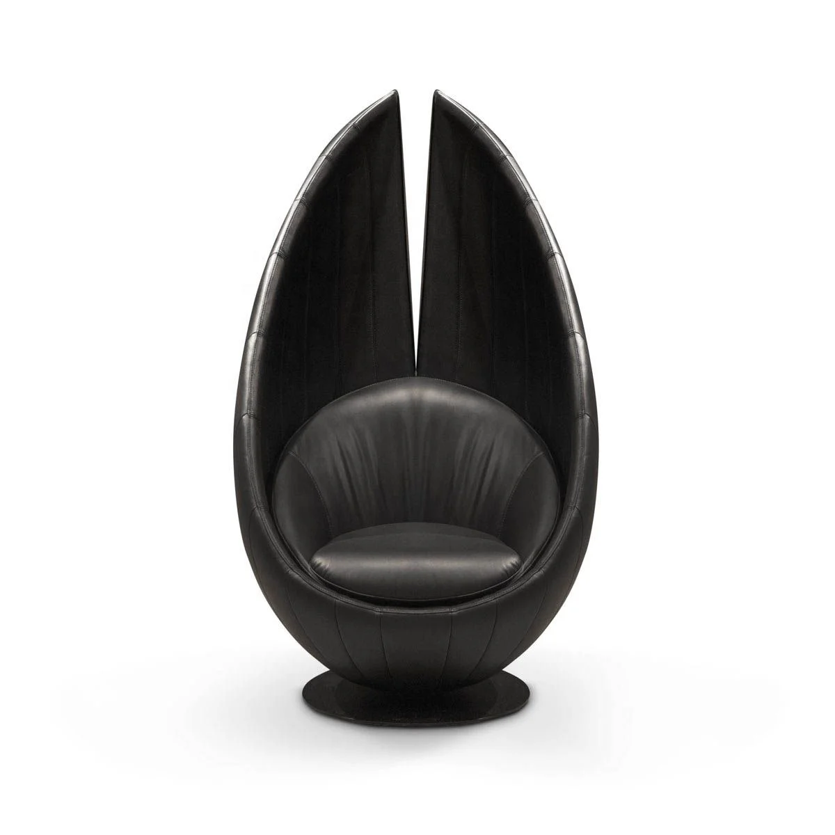 Luxury Futuristic Black Leather Wing Chair with BM Winged Shape Modern Cocoon Office Chair  Metal Swivel Base for Modern Living