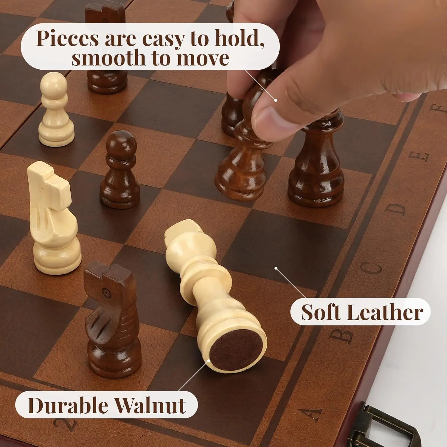 مجموعة شطرنج مغناطيسية محمولة مع لوح جلدي وقطع خشبية، لعبة شطرنج للسفر للبالغين والأطفال #3