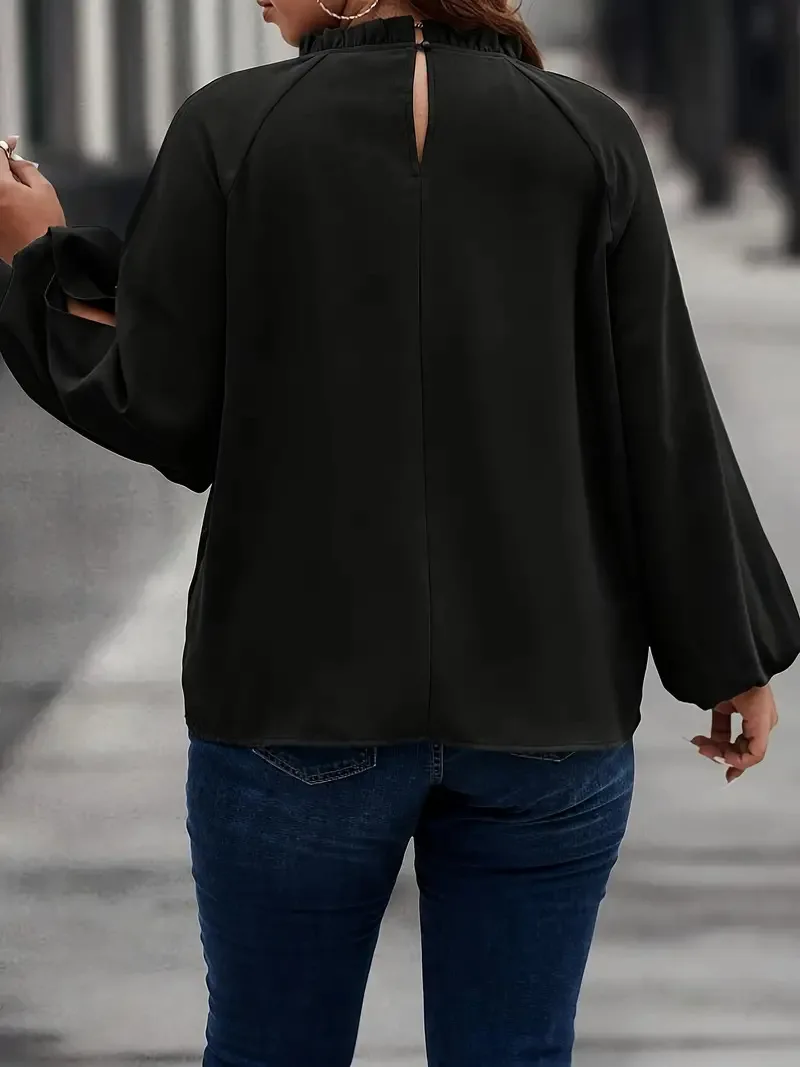 GIBSIE Plus Size Black Long Sleeve Slit Blouse Women Fashion 2024 Autumn New Stand Collar Loose Casual OL Female Blouses Tops