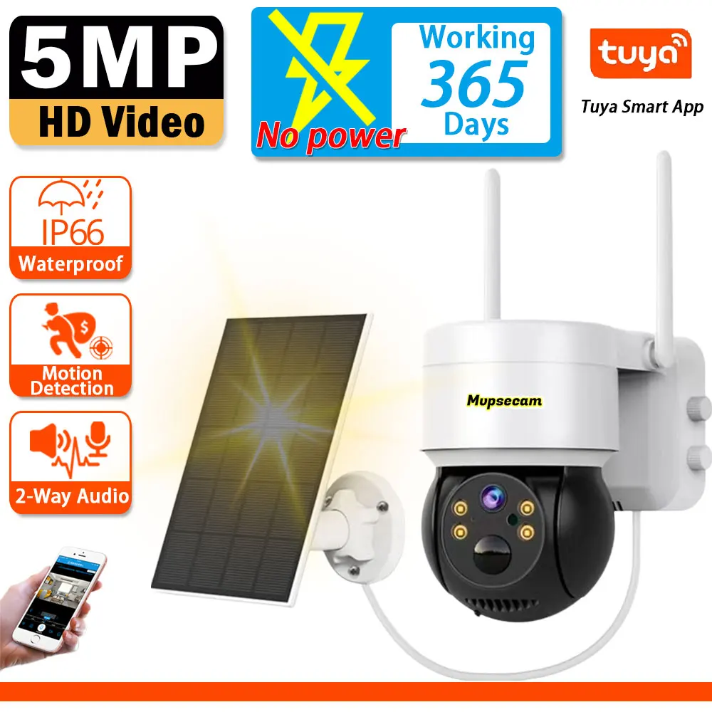 Tuya Solar WiFi Security Camera Outdoor Wireless 5MP Low Power Battery PTZ Camera PIR Motion Detection CCTV Video Surveieillance