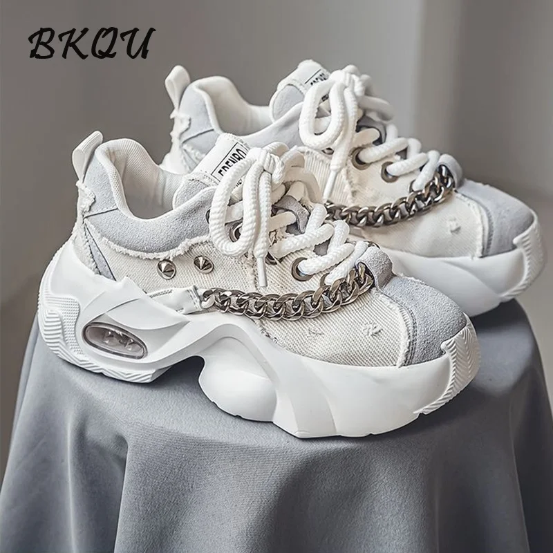 BKQU Match Color Daddy Shoes Men Design Sense 2024 Autumn New Trend All Matching Thick Sole Increase Metal Rivets Chain