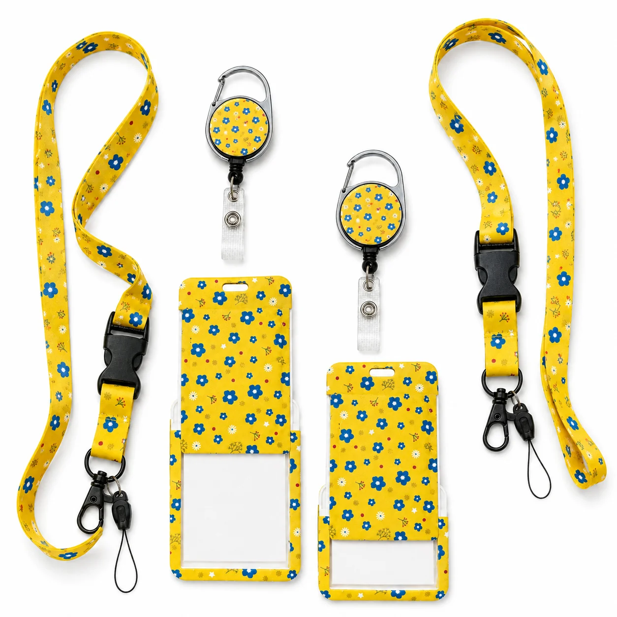 4pcs Retractable ID Badge Holder Set, Yellow Floral Lanyard with Badge Reel, Slide-Open Card Case, Swivel Hook & Phone Strap