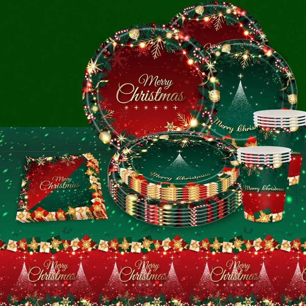 Christmas Party Supplies,Disposable Party Dinnerware Include Paper Party Plates, Cups, Napkins, Tablecloth