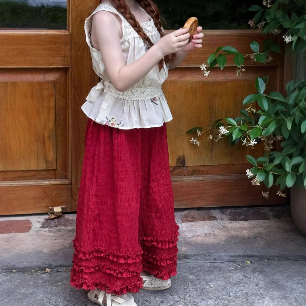 

Girls Red Lace Wide Leg Pants 2025 Summer New Children Casual Clothing Girls Solid Versatile Straight Leg Pants