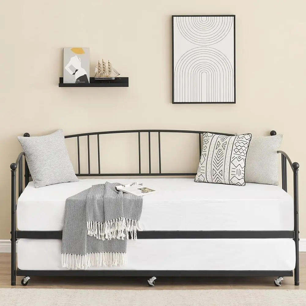 GarveeLie ull Size olding Daybed with Casters, eaturing a Metal e, Curved board, and Sturdy Slat Support, A Compact Sleeper or S