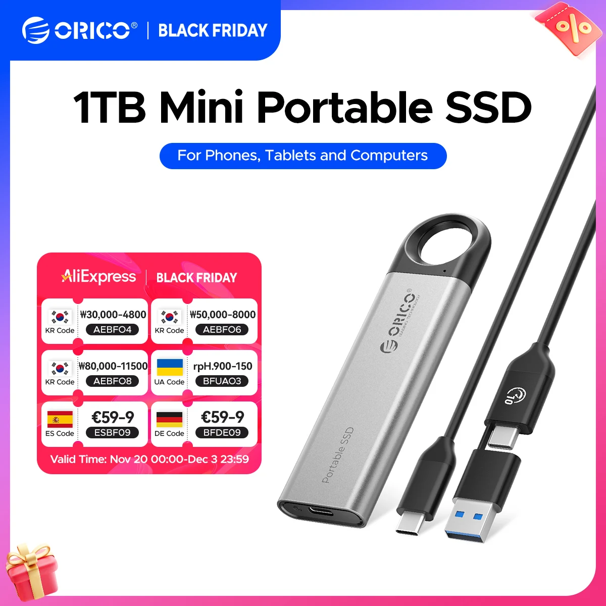 

Внешний твердотельный накопитель ORICO 1 ТБ до 1050 МБ/с, дизайн с подвесным отверстием, портативный твердотельный накопитель PSSD для планшетов, ноутбуков C10