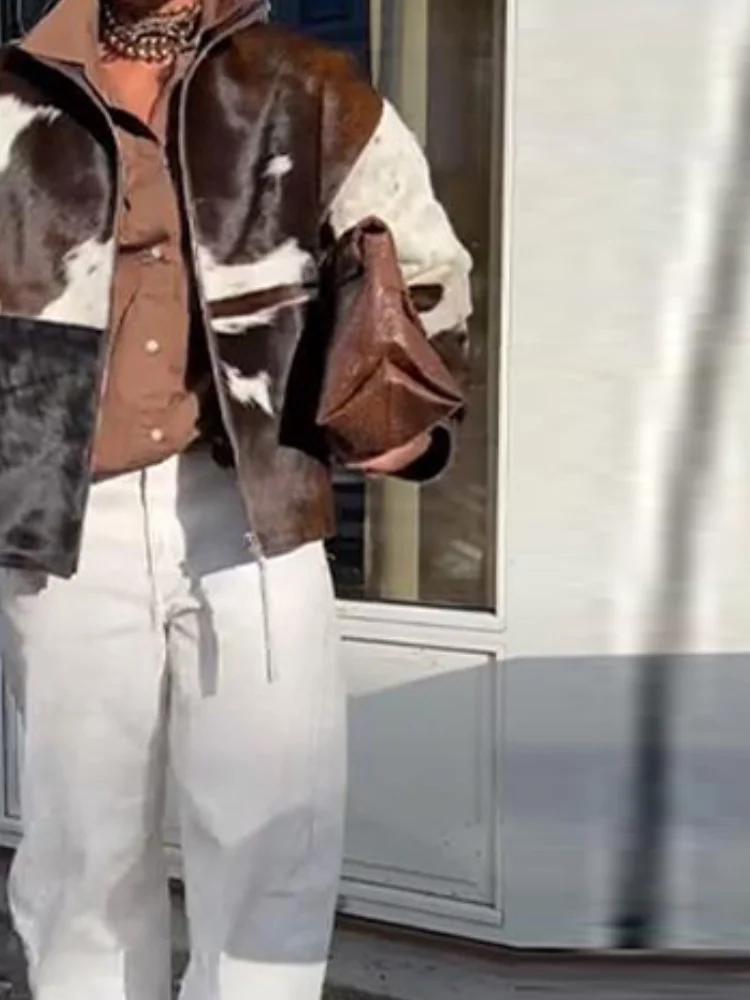 

Куртка из искусственного меха с коровьим принтом, женское пальто большого размера на молнии с воротником-стойкой и длинными рукавами, винтажная уличная одежда, верхняя одежда ранней осени