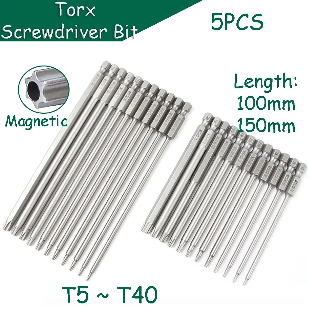 

5/11/12pcs Torx Screwdriver Bit T5-T40 Magnetic 1/4 in. Hex Shank S2 Steel 100/150mm Length Electric Batch Head Repair Wrench