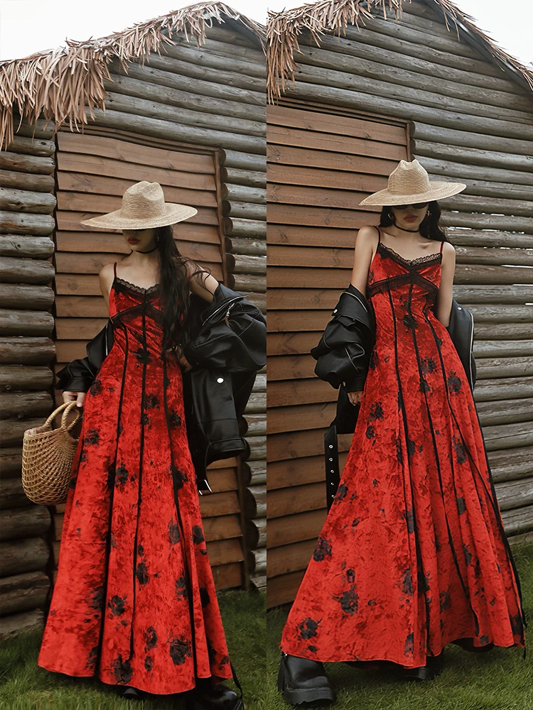 TIYIHAILEY Dresses Sleeveless Women Autumn Winter Printed Velvet New Fashion 2025 Strap Dresses Ladies Maxi Red Big Hem Lace