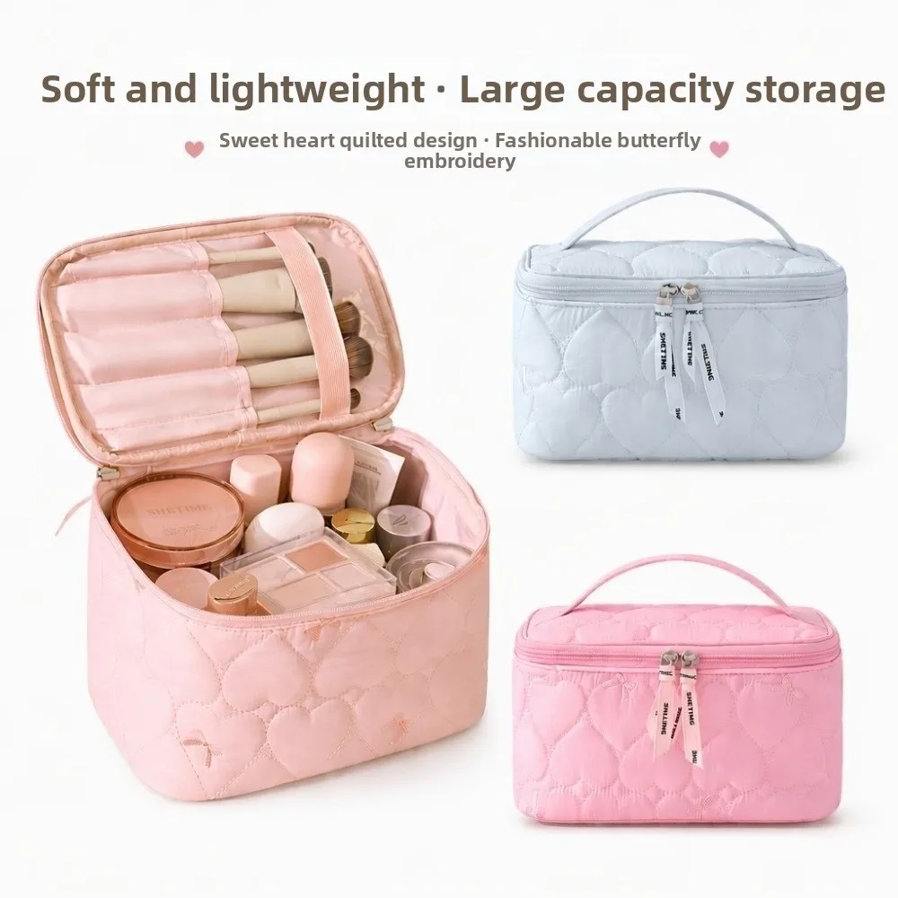 Large Capacity Women Makeup Bag Heart Print Handheld Travel Washroom Bag Double Zipper Waterproof Cosmetics Storage Bag Ladies