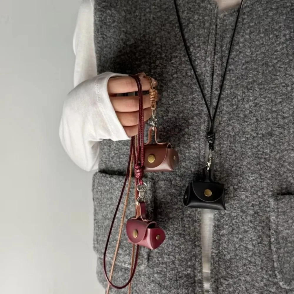Mini and Compact Leather Hanging Neck Coin Purse Necklace Niche Design Headphone Bag Long Sweater Chain Accessory Women Men