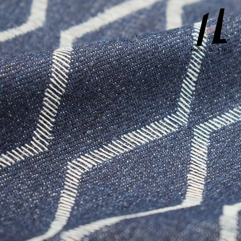 Генри оптовая продажа, жаккардовая джинсовая ткань в полоску на заказ, индиго, 70% хлопок, 30% полиэстер, джинсовая ткань для модной куртки, джинсовая сумка