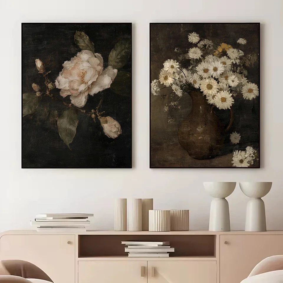 Botanical Classic Still Life Wild Flower Rustic Queen Annes Lace Rose Nordic Canvas Painting Wall Art Poster Print for Home Deco